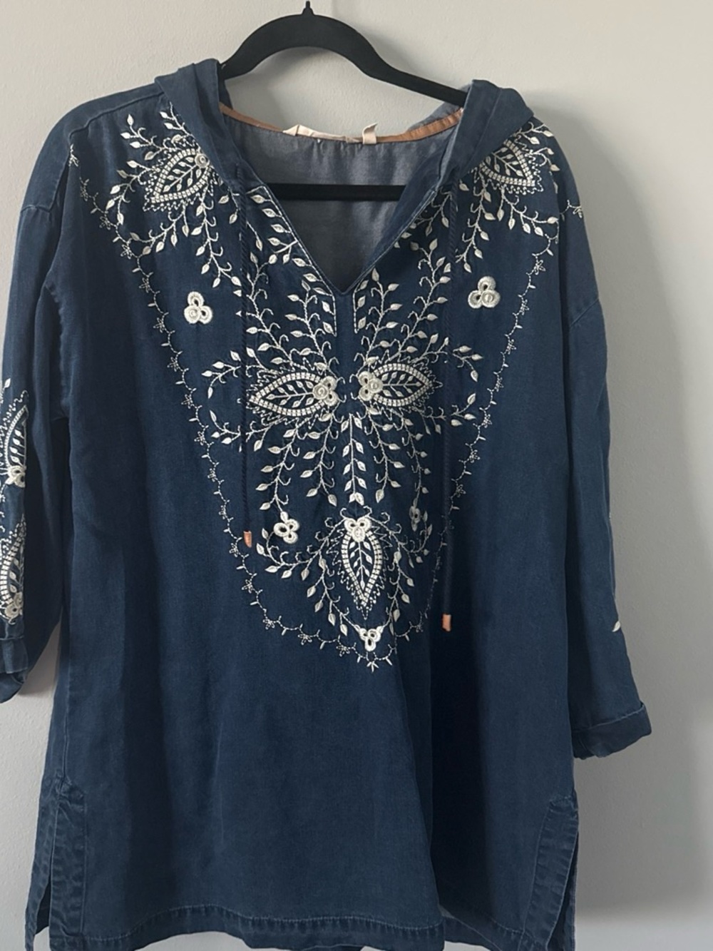 Soft Surroundings Navy Embroidered Hooded Tunic